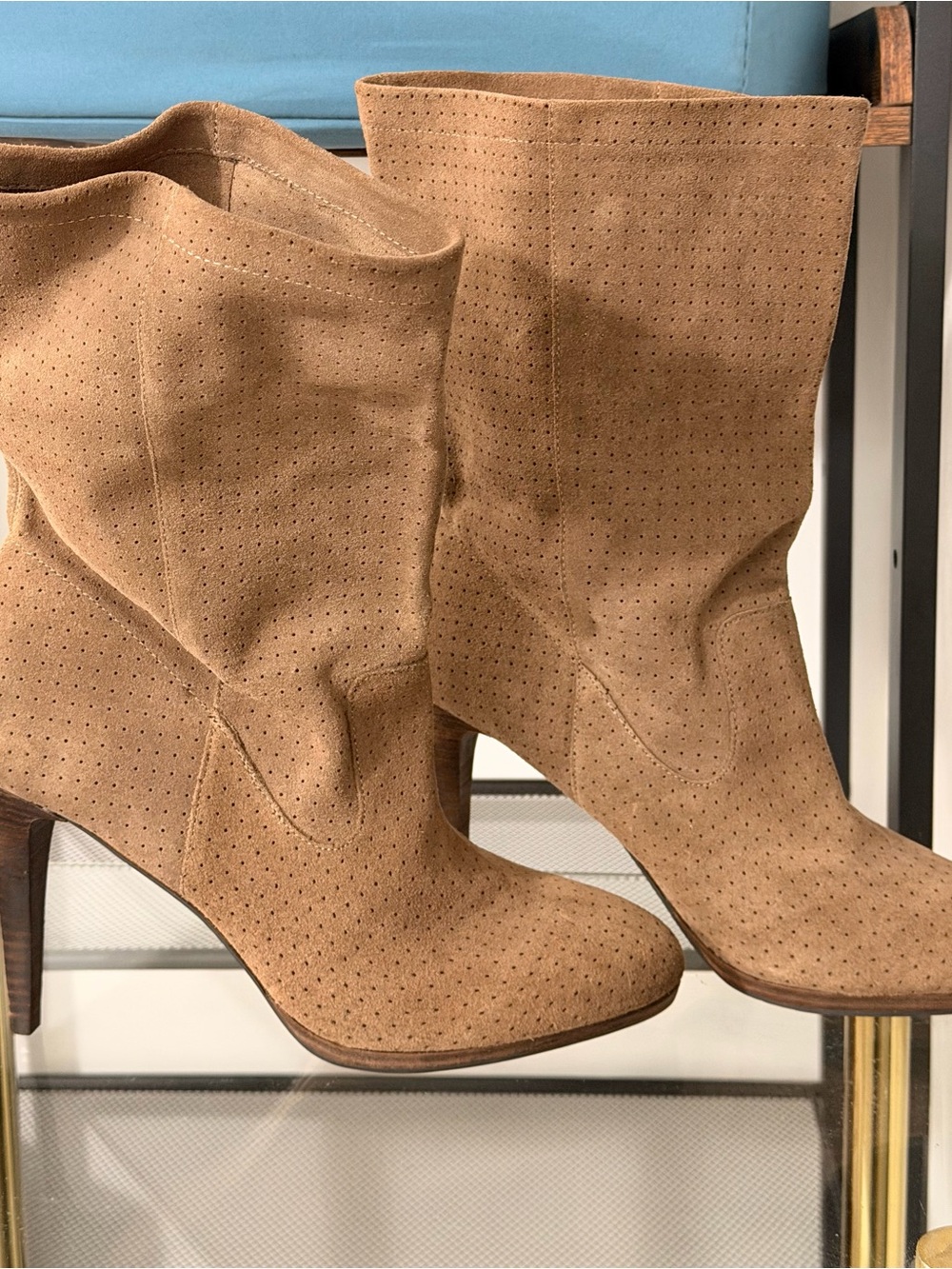 H&M Perforated Suede Mid-Calf Heeled Boots -